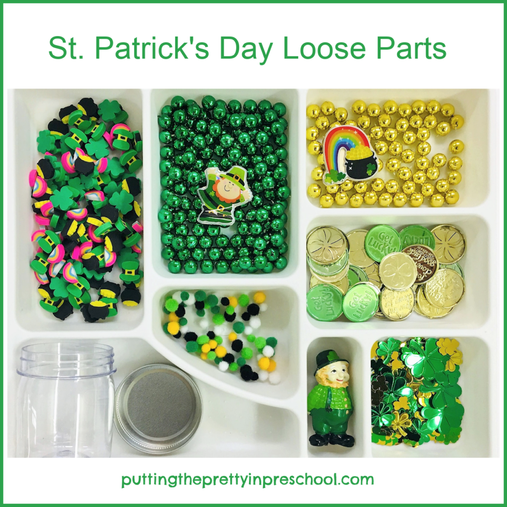 Leprechaun themed loose parts to use in treasure blocks or sensory jars.