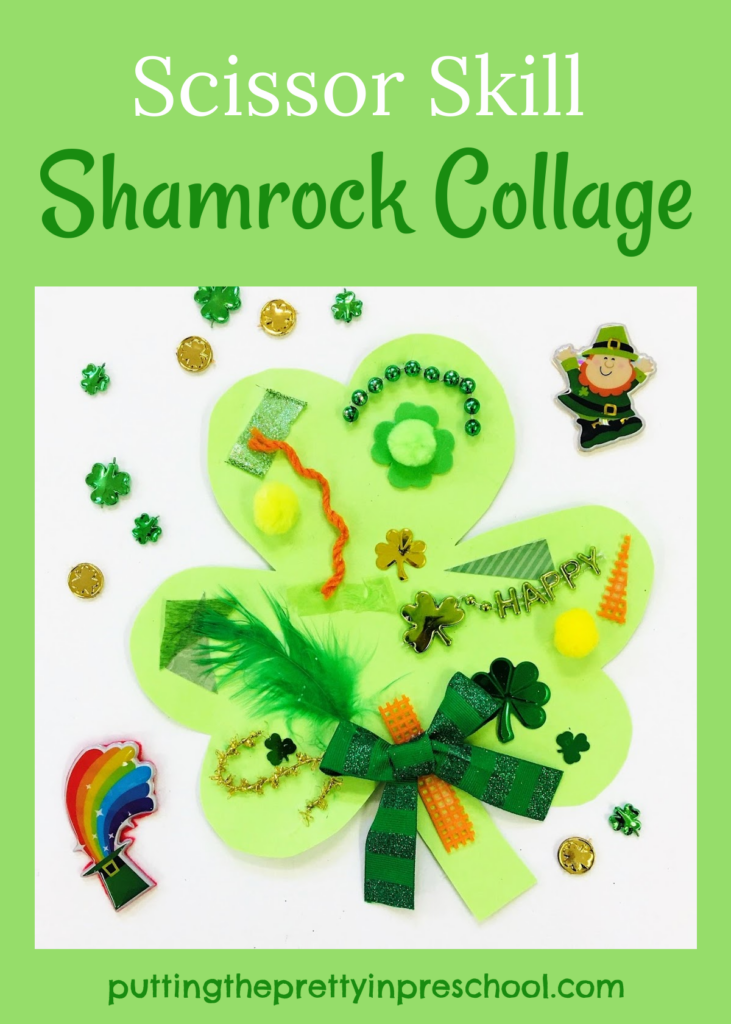 An invitation to cut textured craft supplies to decorate a shamrock.