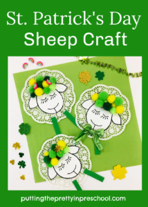 Dreamy St. Patrick's Day sheep craft with doily and pompom details. Free printable included