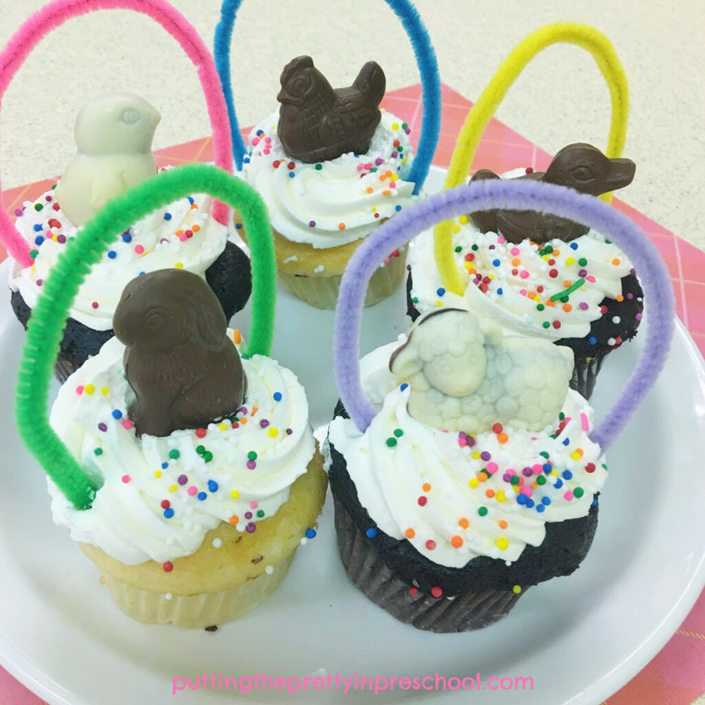 Delicious chocolate animal-topped Easter basket cupcakes.