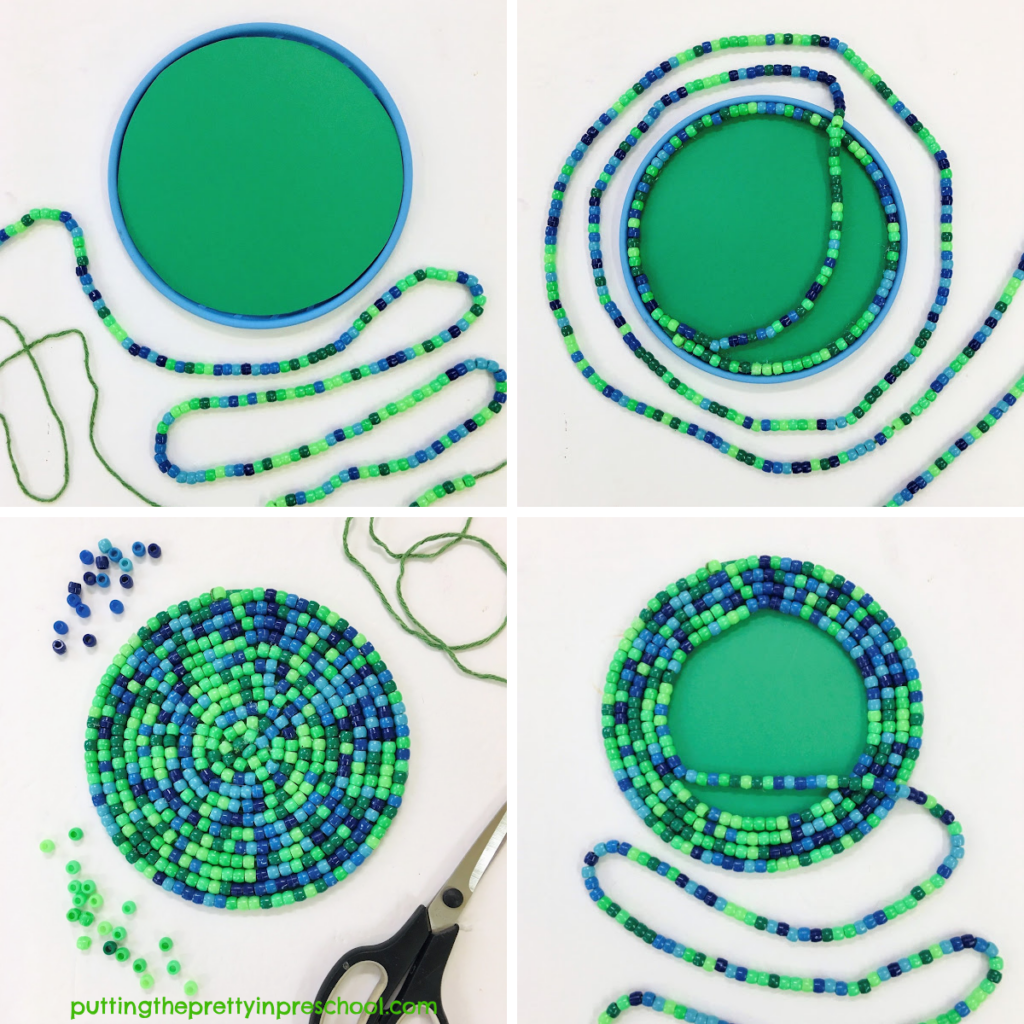 Steps to complete a beaded earth day craft with green and blue pony beads.