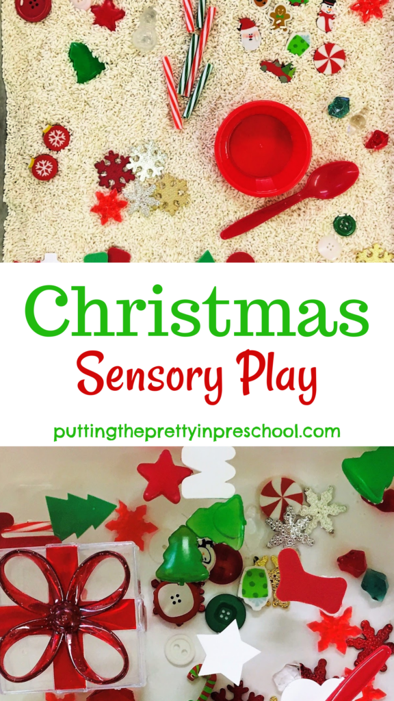 Christmas-themed sensory play with festive loose parts in a rice based tray and a water tub.