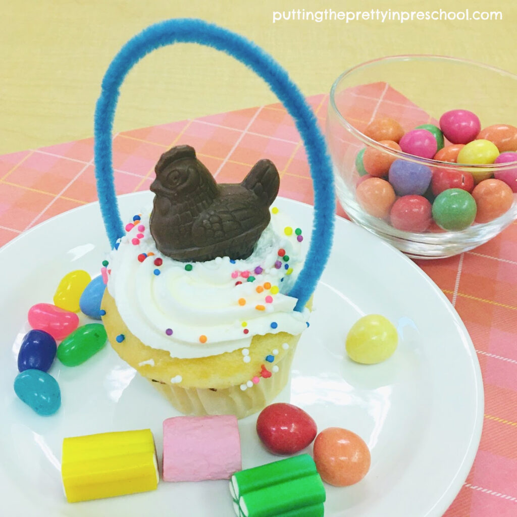 Tasty chocolate hen-topped spring basket cupcake.