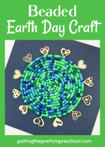 Easy to do, eye-catching earth day craft with green and blue pony beads. The activity works well as a classroom or family creative project.