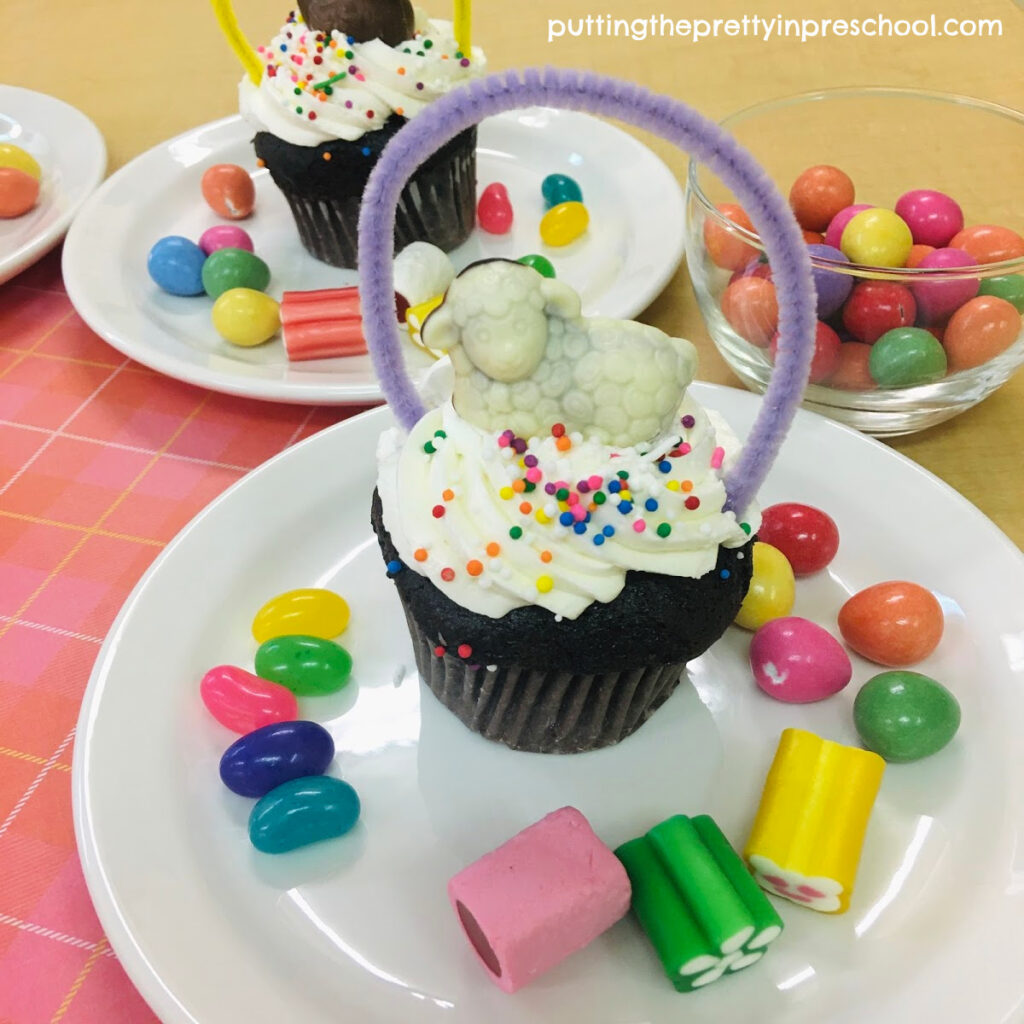 Adorable chocolate lamb-topped sping basket cupcake.