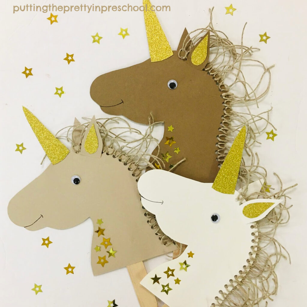 These gold-accented unicorn puppets in neutral tones balance crafts completed in dainty color hues.