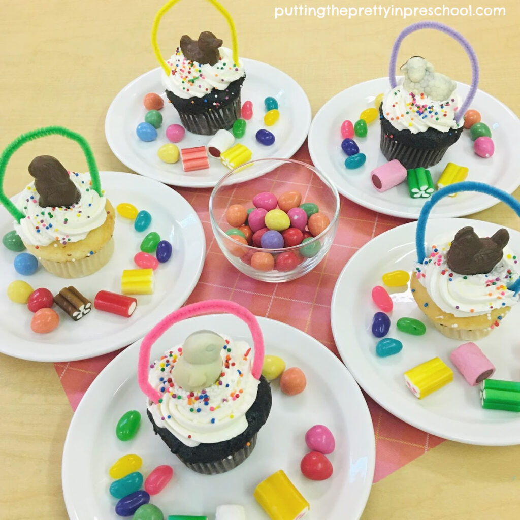 Delicious chocolate animal-topped spring basket cupcakes.