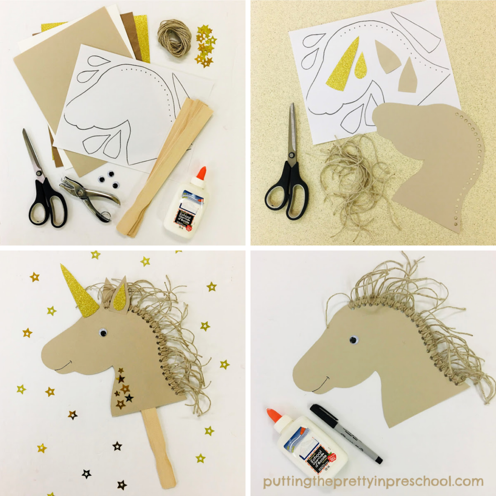 Steps to assemble an adorable unicorn puppet craft.