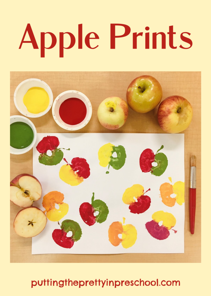 Apple print activities. Dip and paint apple halves and slices and press them onto art paper. Save some prints for fingerplays and counting.