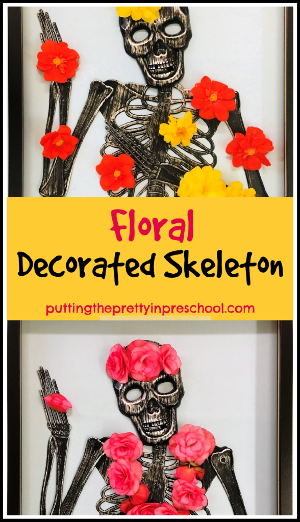 Flowers soften and brighten this floral decorated skeleton and give children an invitation to create with nature materials.
