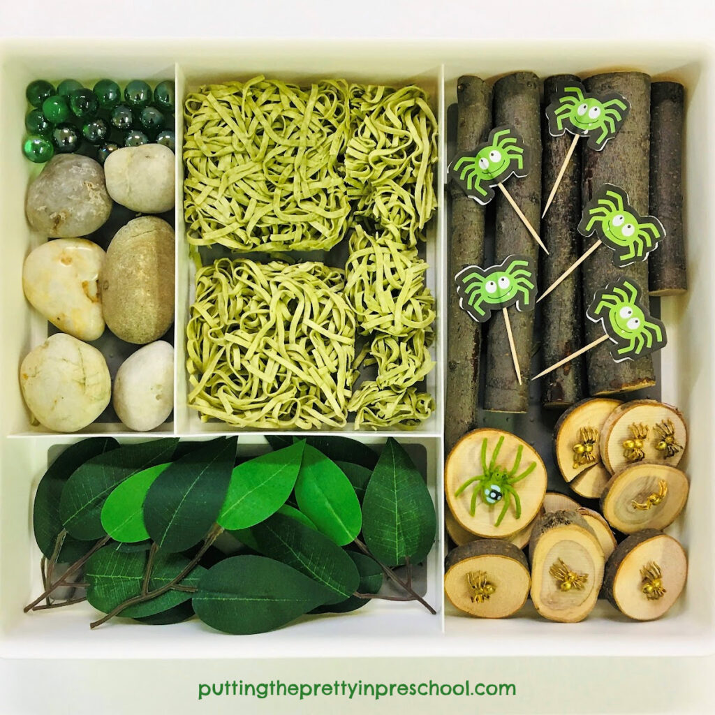 Loose parts to collect for a green huntsman spider sensory tray.