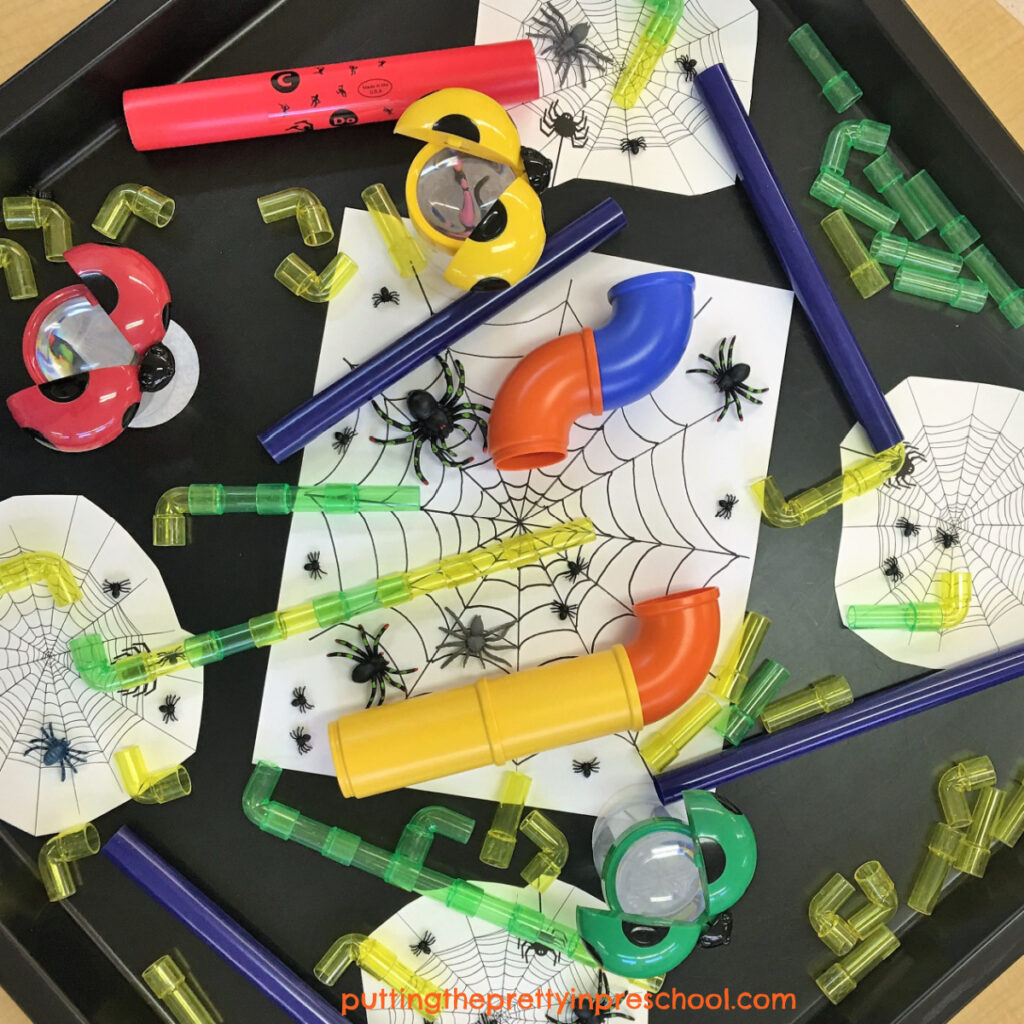An Itsy Bitsy Spider inspired construction and sensory tray little learners will love.