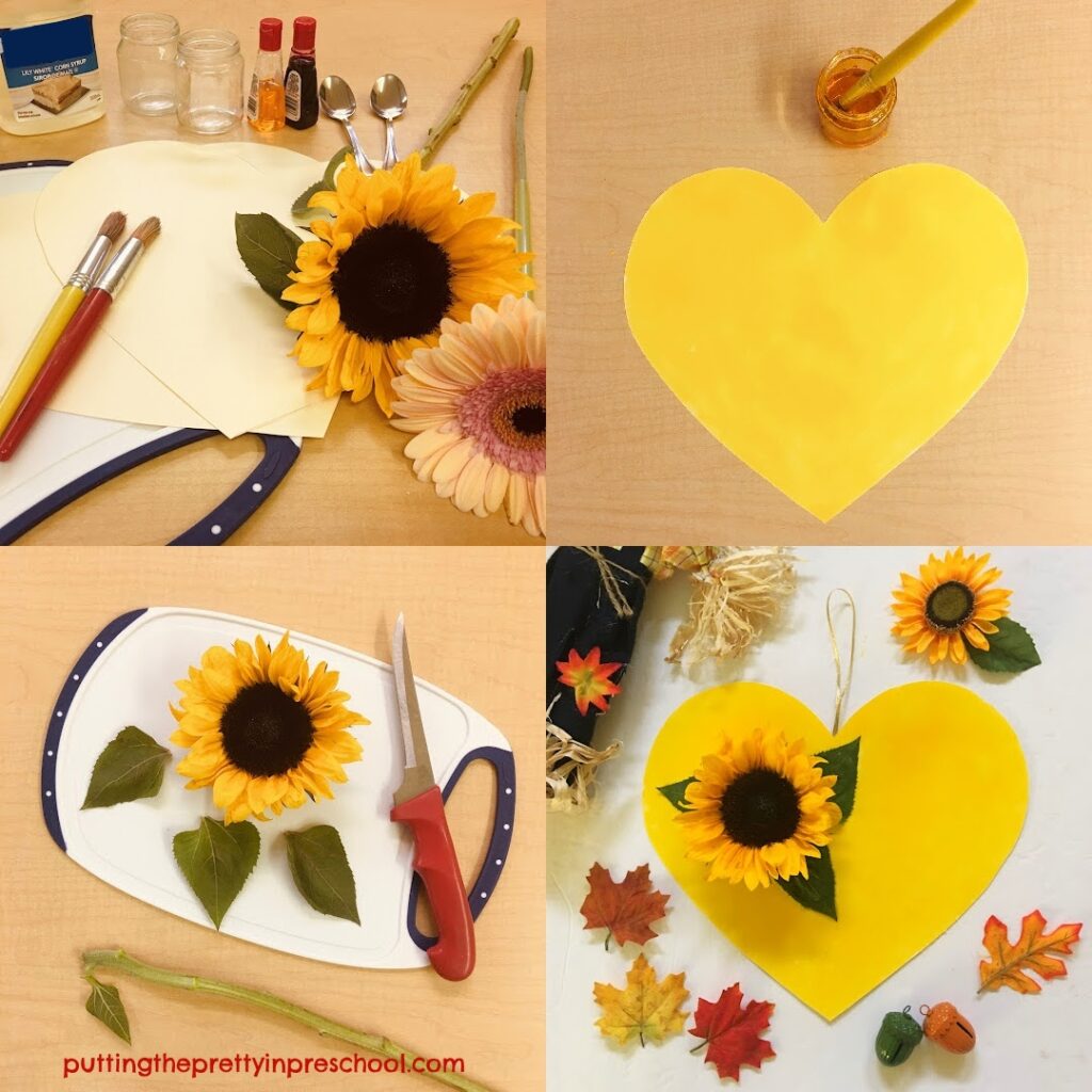 Steps to making a sunflower heart fall craft.