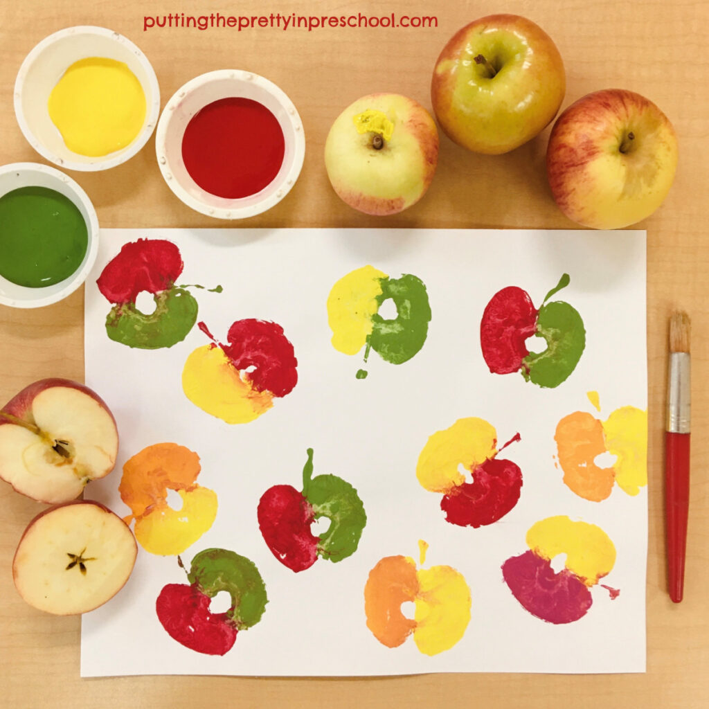 Add some fun by making apple prints in two different colors.