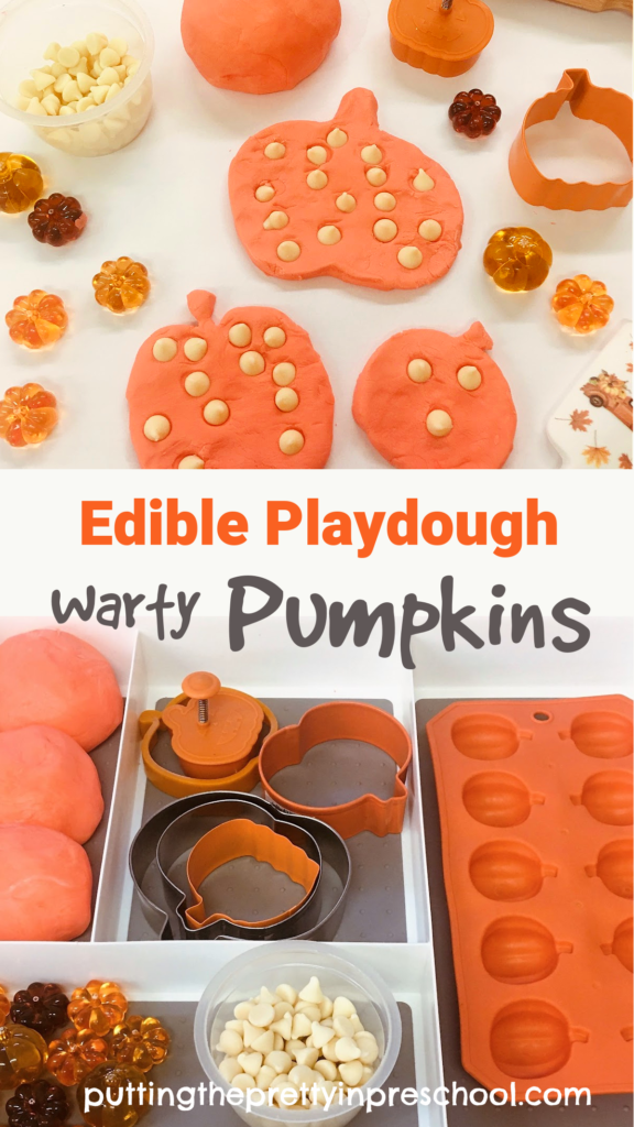 Oh, so fun to make edible playdough pumpkins with a no-cook recipe. Chocolate chips are included to add warty ornamentation.
