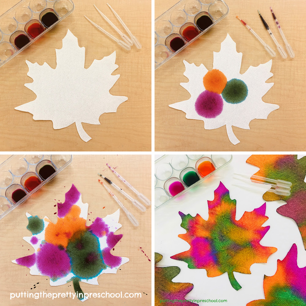 Steps to creating beautiful eye dropper leaf art on paper towel designs.