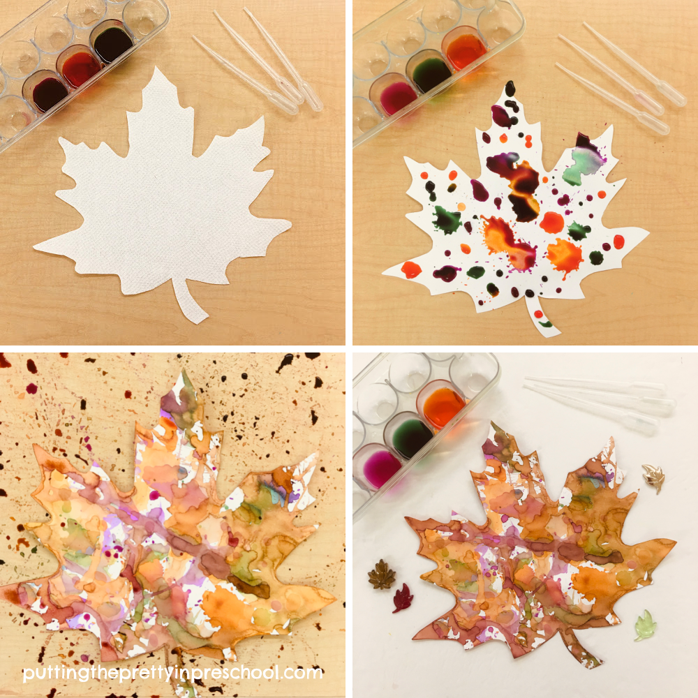 Steps to create eye dropper and blow dryer painted leaves.