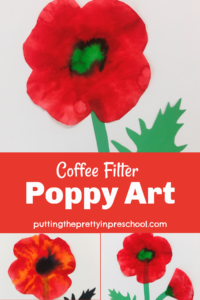 Stunning coffee filter poppy art using easy-to-collect supplies. An all-ages art activity to recognize Remembrance Day.