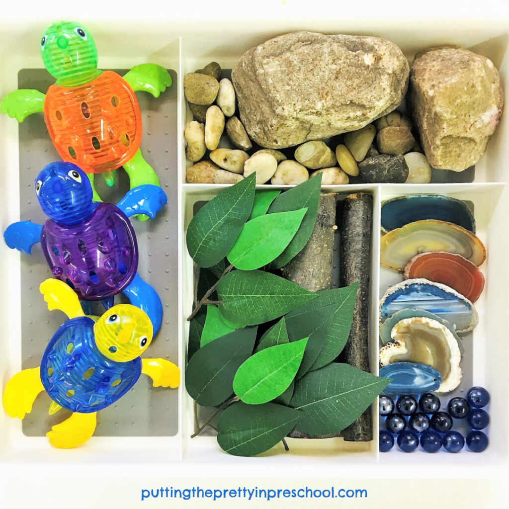 Loose parts for a turtle-themed sensory bin.