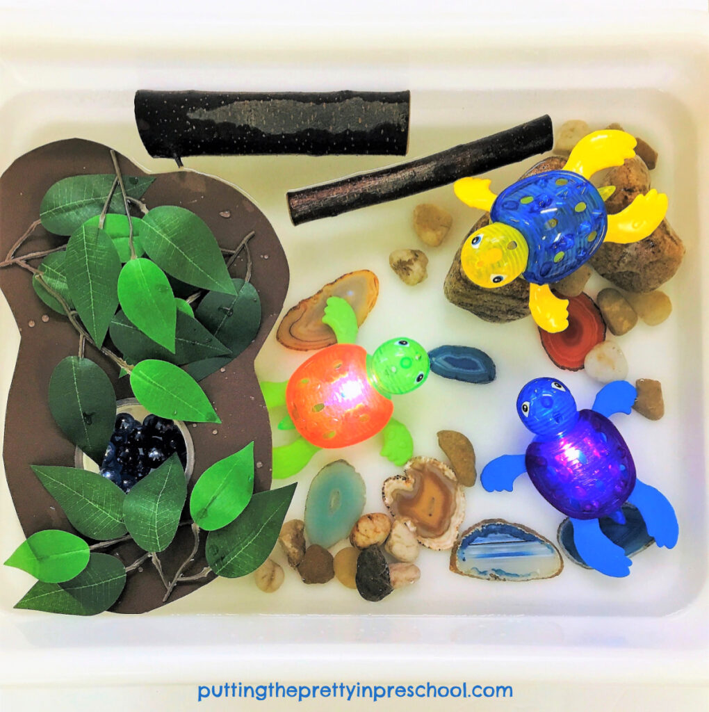 Nature[ based, easy to set up turtle pond sensory bin.