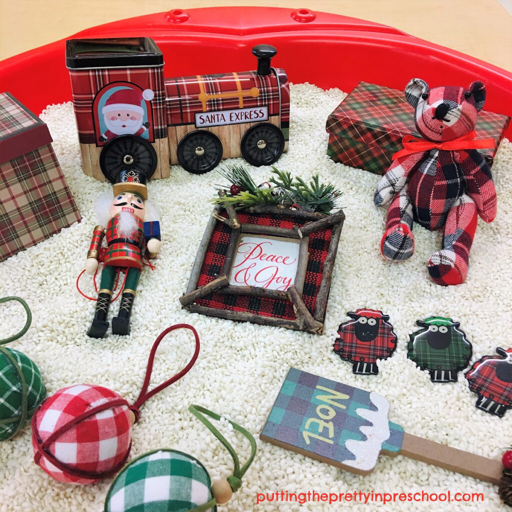 Cozy plaid-themed Christmas gift boxes and ornaments to fill a holiday rice bin.