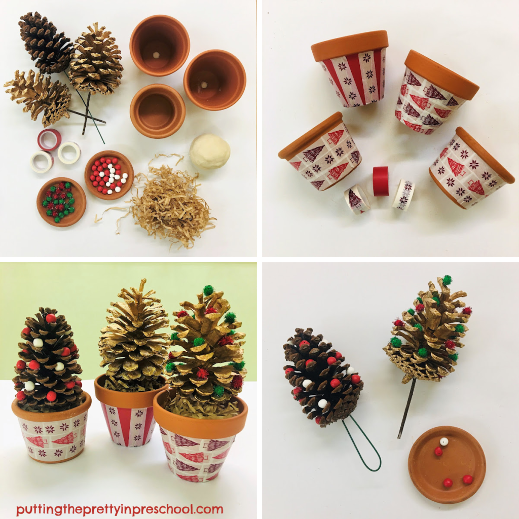 Steps to making washi tape Christmas-themed pots.