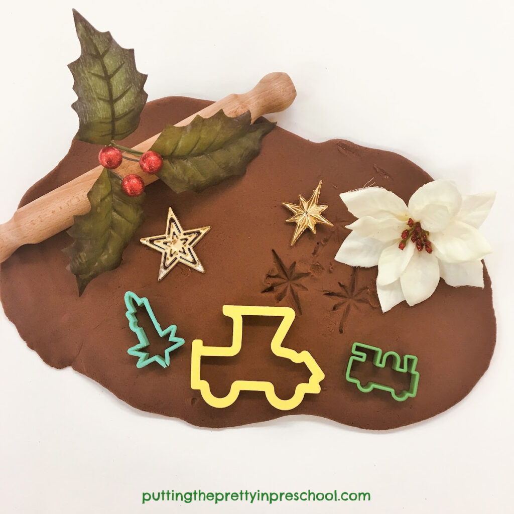 Soft, pliable, chocolate mint playdough recipe and holiday-themed accessories.