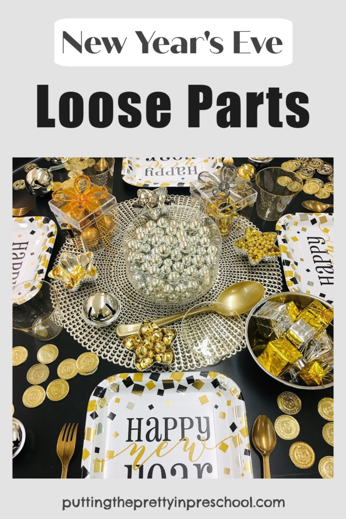 New Year's Eve sensory tray dinner-themed loose parts little learners will love to have a pretend party with.