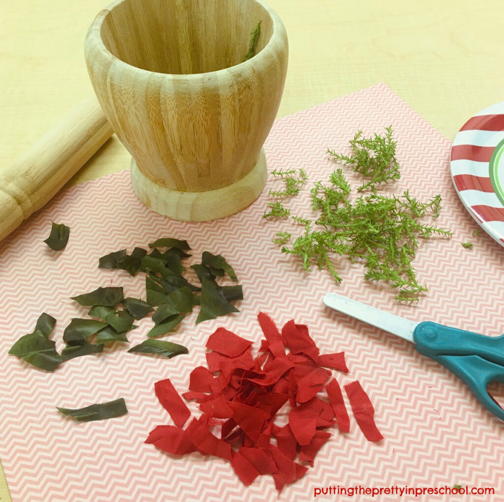 Scissor Invitation with playdough and silk poinsettia leaves and bracts.