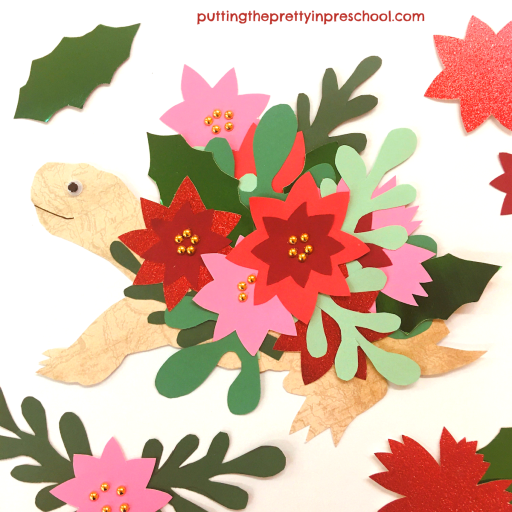 Festive turtle Christmas paper craft inspired by the delightful picture book "Mossy" by author Jan Brett.