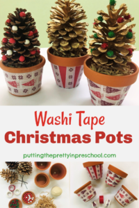 Make these washi tape Christmas pots filled with festive pine cone Christmas trees.
