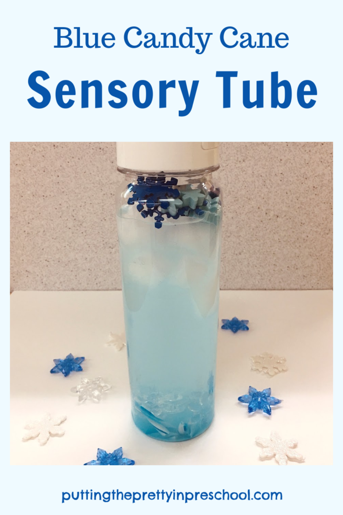 This eye-appealing blue candy cane sensory tube doubles as a float and sink experiment.
