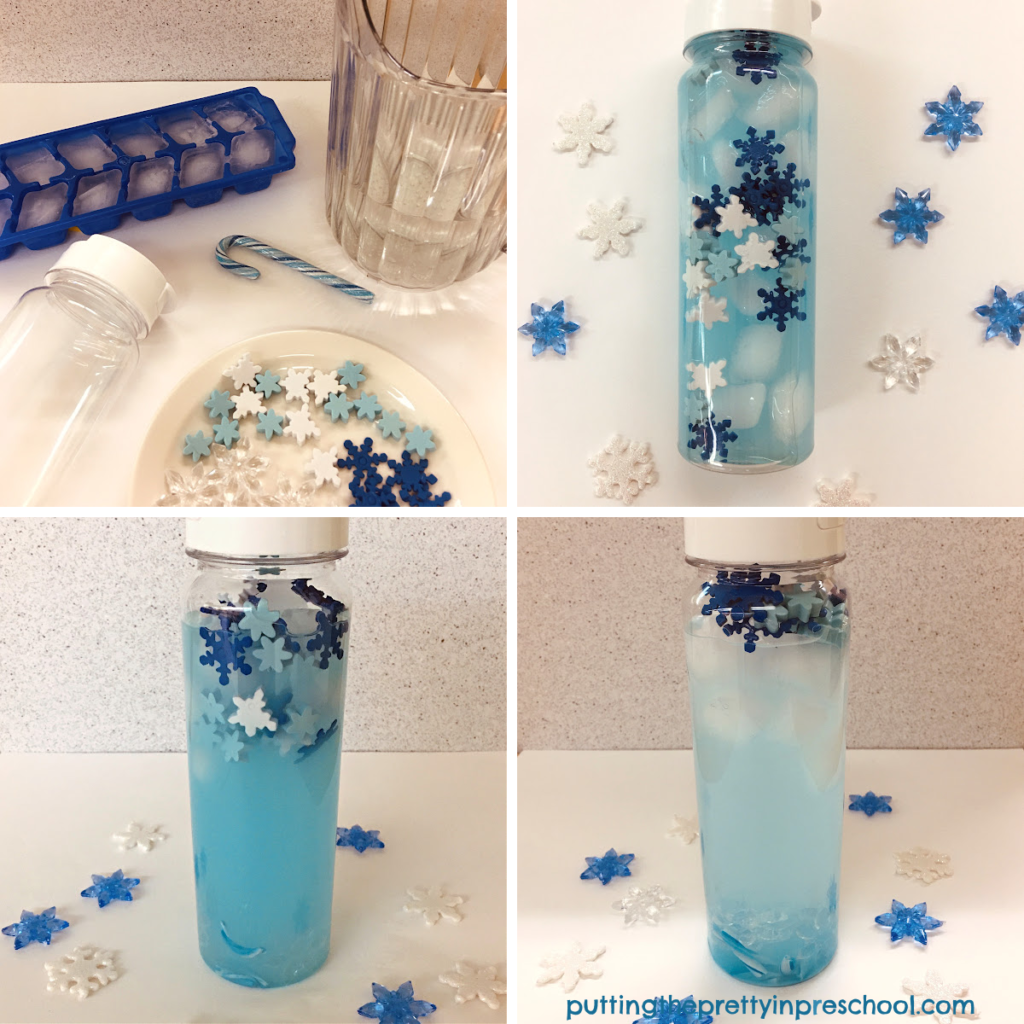 Candy cane winter sensory tube with ice cubes and snowflakes.