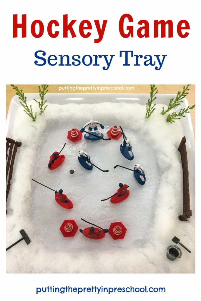 This hockey game sensory tray features real ice and snow. A link to a blog post with instant snow recipes is included.