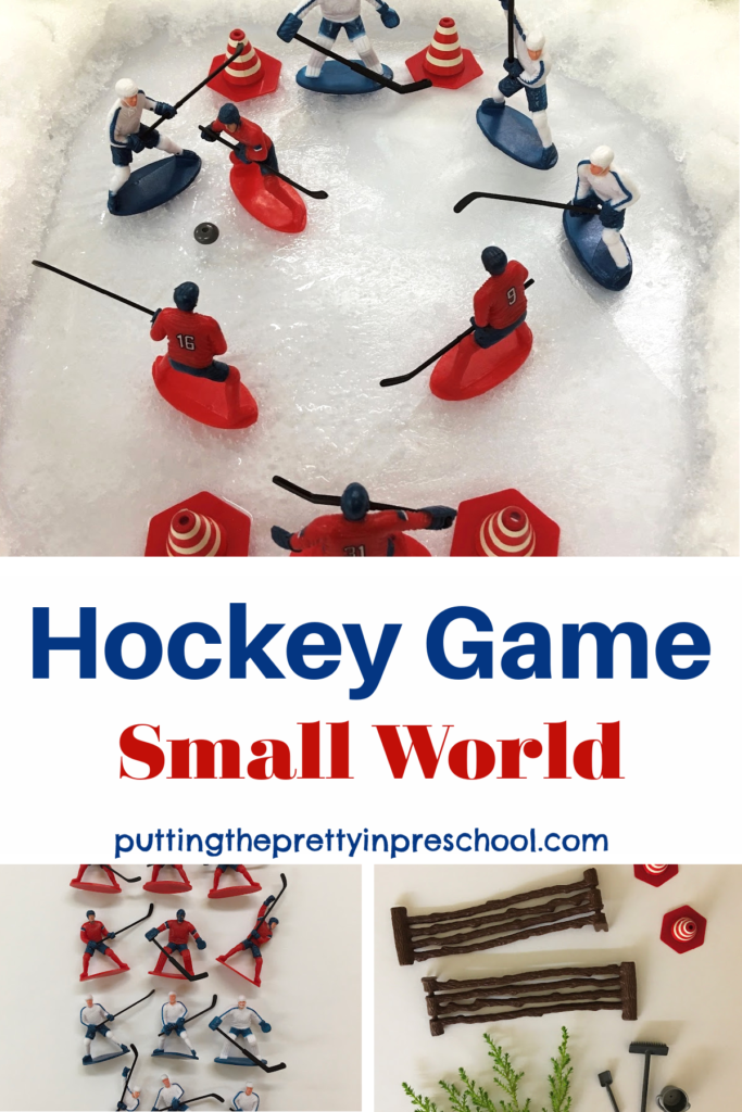 This ice hockey game small world featuring an outdoor skating rink and hockey player figurines has sensory play opportunities.