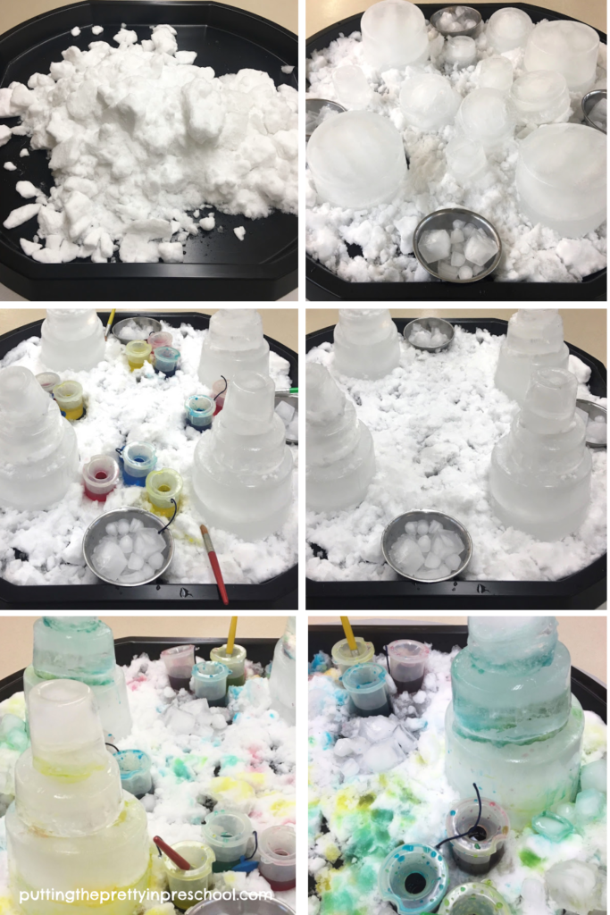 How to set up a painting snow and ice sensory table activity for early learners.