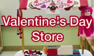 A well-stocked Valentine's Day Store pretend play center filled with heart-themed accessories for little learners to buy and sell.