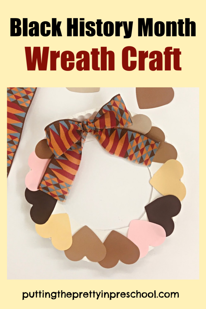 Black History Month ribbon and skin-toned hearts are the highlights of this easy-to-make "kindness" wreath craft.