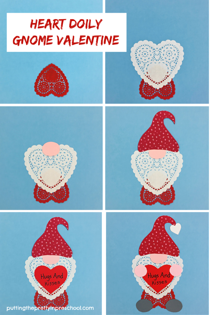 Steps to create an adorable heart doily gnome valentine.