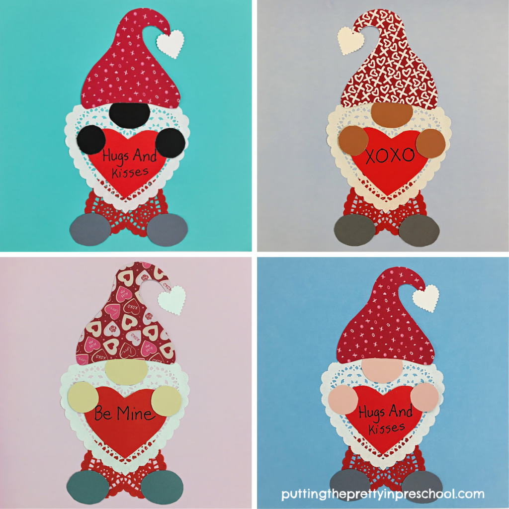 Multicultural heart doily valentine gnomes that are fun for the whole family to make. Free printable included for easy crafting.