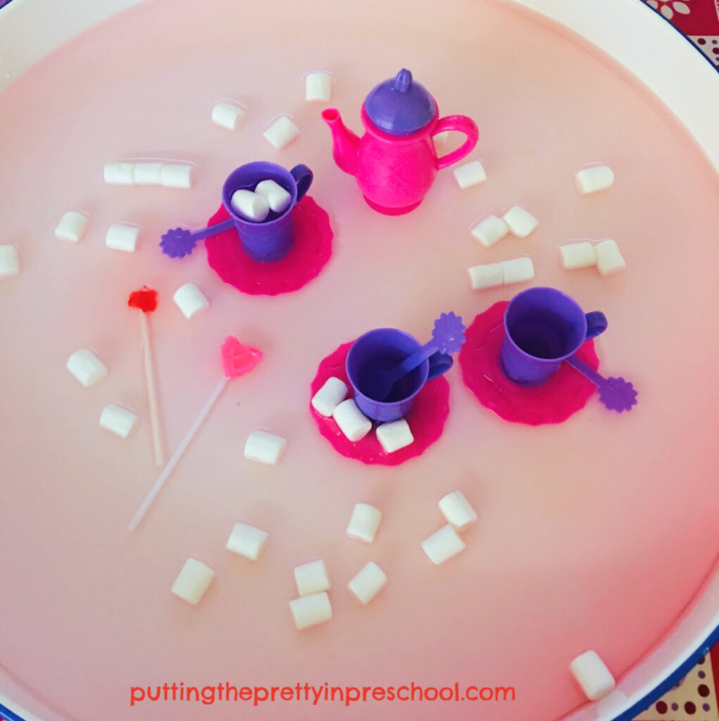 A dreamy, taste-safe strawberry hot chocolate sensory bin to let your little learners explore. This activity is perfect for a party day or any day!