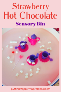 A dreamy, taste-safe strawberry hot chocolate sensory bin to let your little learners explore. This activity is perfect for a party day or any day!