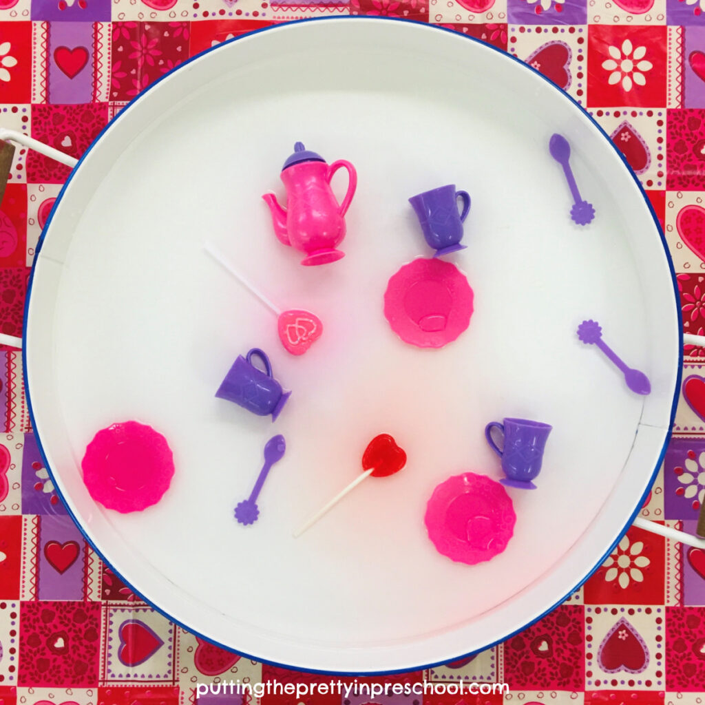 A dreamy, taste-safe strawberry hot chocolate sensory tub to let your little learners explore.