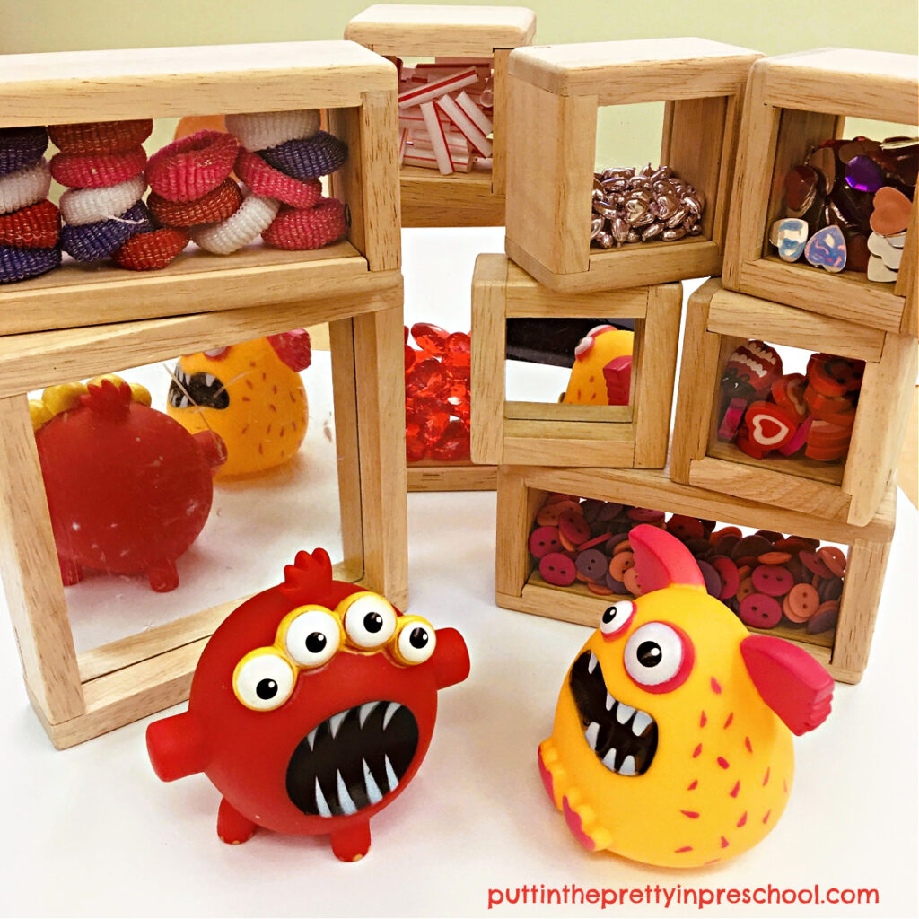 Pair Valentine's Day treasure blocks with mirror blocks and monsters for creative and imaginative play.