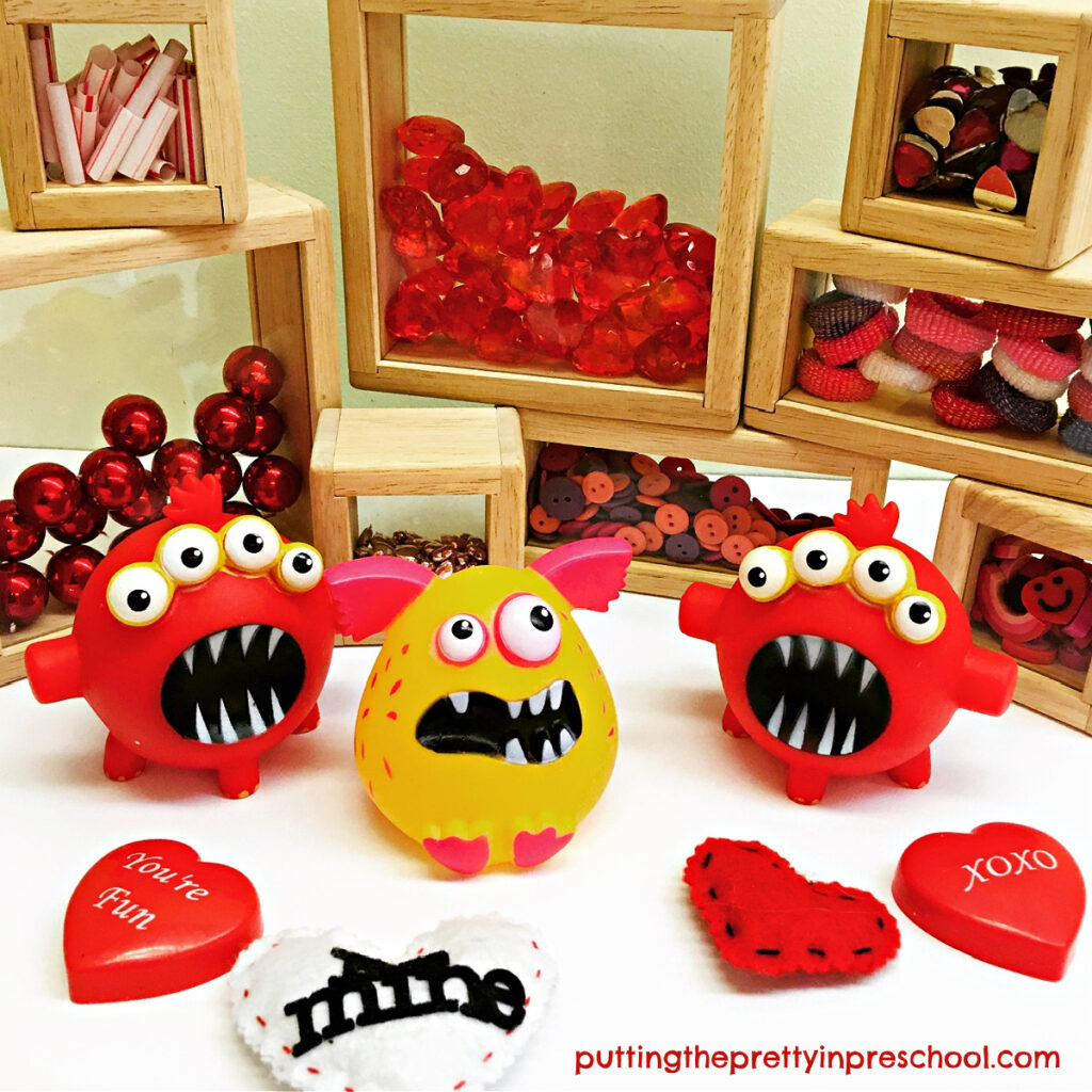 These Valentine's Day treasure blocks offer a host of learning opportunities paired with monsters and loose parts.