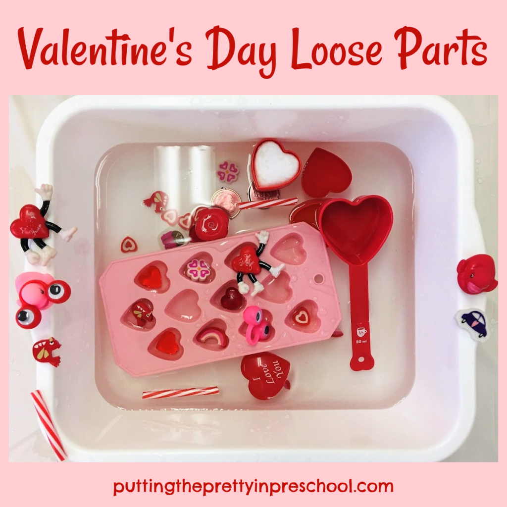 Valentine's Day loose parts that work well in a water play activity, or a tub with a rice or chickpea base.