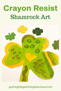 Try this simple crayon resist watercolor shamrock activity that explores variety in line, shape, and color.