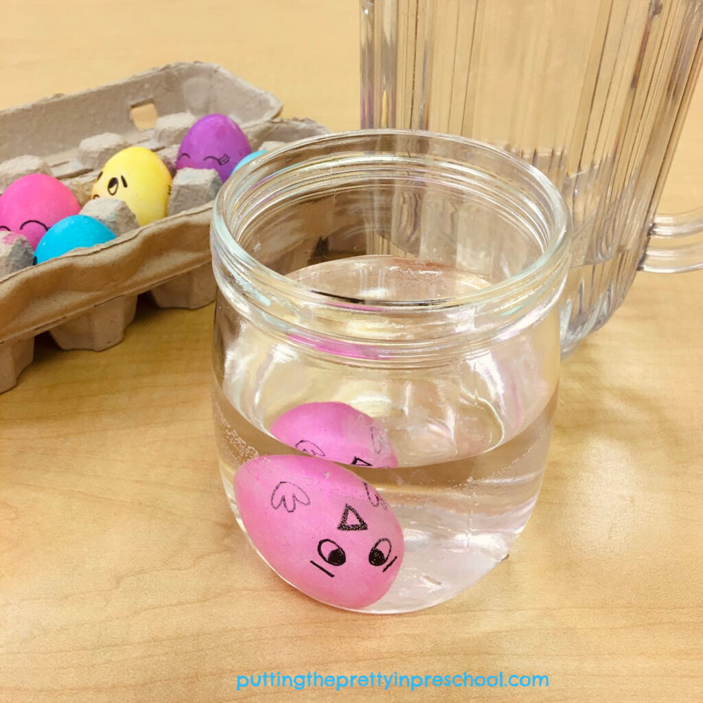 Simple and fun floating egg science experiment with easy-to-gather supplies. Egg decorating adds an artistic element to this activity.