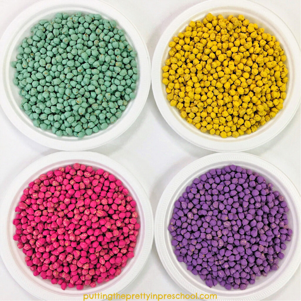 How to easily dye chickpeas with acrylic paint for colorful sensory play.