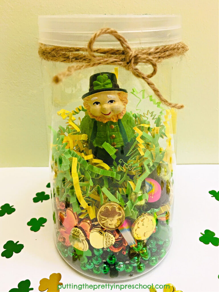 Gotcha! The mini trickster is caught in this leprechaun sensory jar.